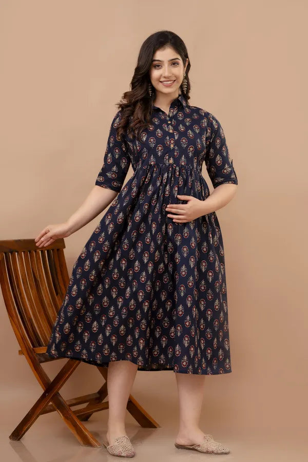 Elegant Navy Blue Floral Printed Maternity & Feeding Midi Dress