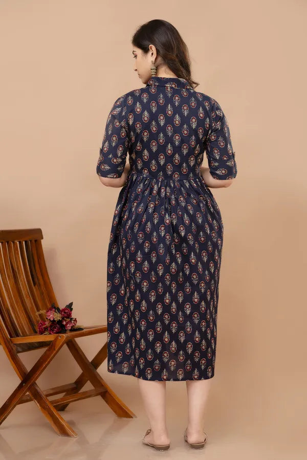 Elegant Navy Blue Floral Printed Maternity & Feeding Midi Dress