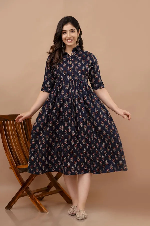 Elegant Navy Blue Floral Printed Maternity & Feeding Midi Dress