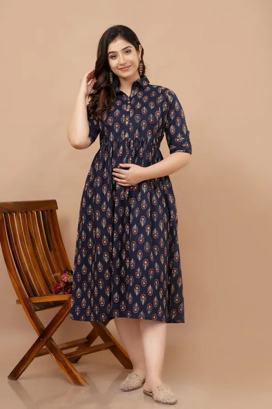 Elegant Navy Blue Floral Printed Maternity & Feeding Midi Dress