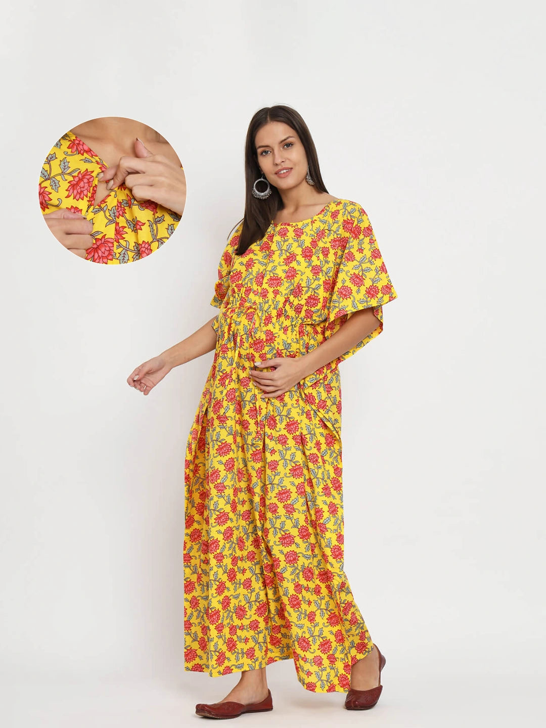Yellow Multi Floral Printed Maternity Feeding-Friendly Kaftan Dress with Concealed Zipper