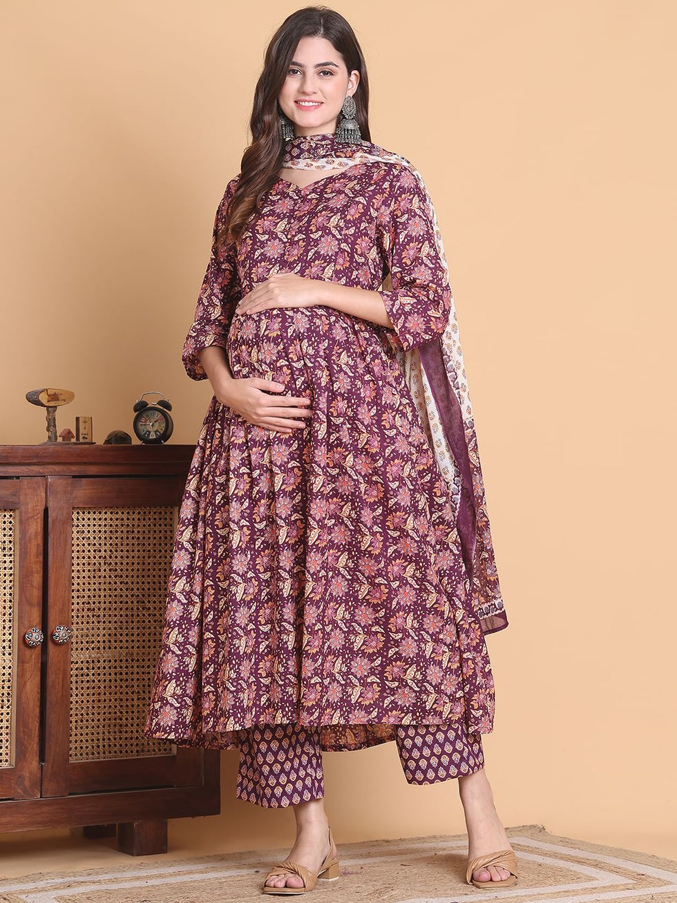 Maroon Floral Maternity & Feeding Anarkali Suit Set