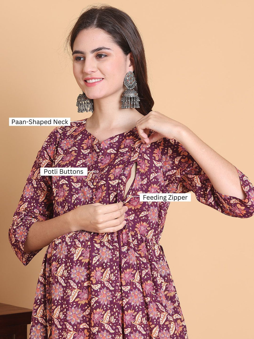 Maroon Floral Maternity & Feeding Anarkali Suit Set
