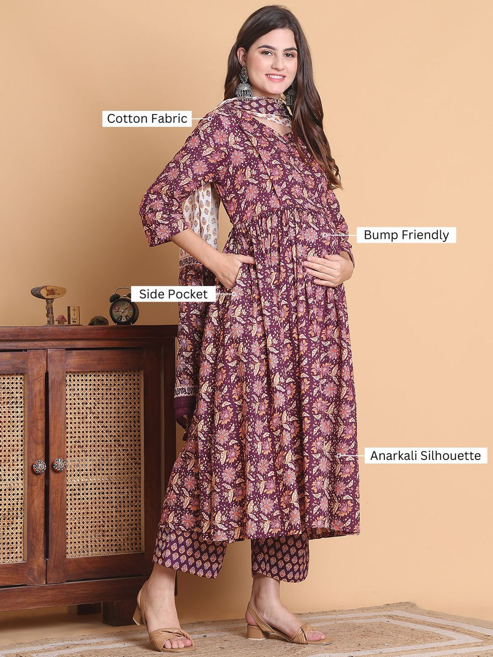 Maroon Floral Maternity & Feeding Anarkali Suit Set