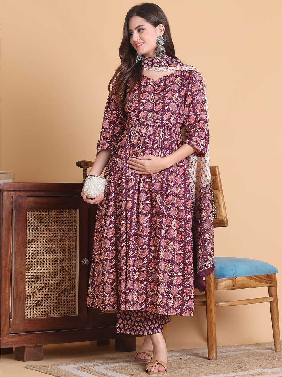 Maroon Floral Maternity & Feeding Anarkali Suit Set