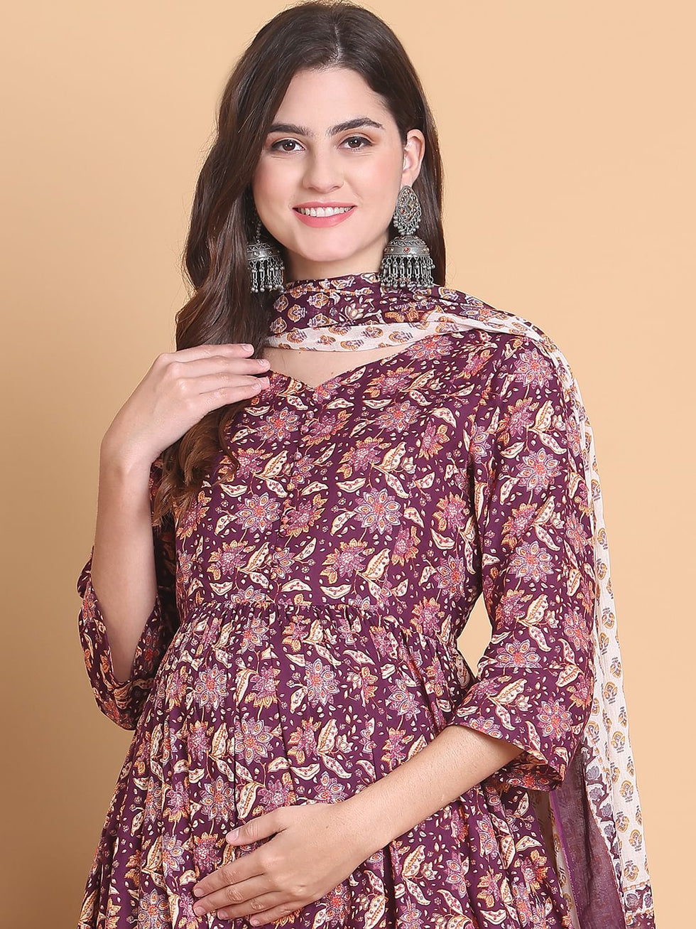 Maroon Floral Maternity & Feeding Anarkali Suit Set