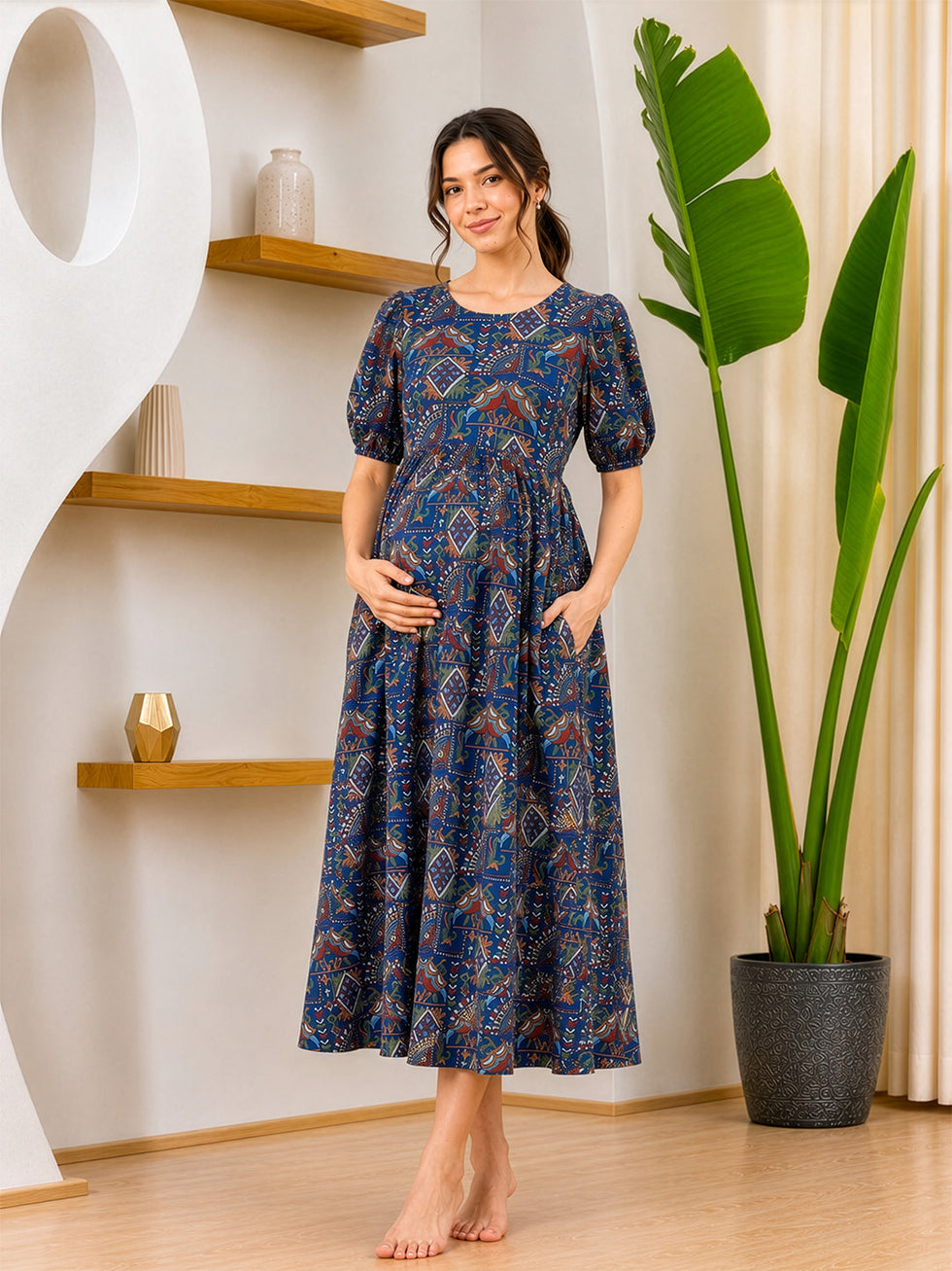 Elegant Ethnic Printed Maternity & Feeding Midi Dress