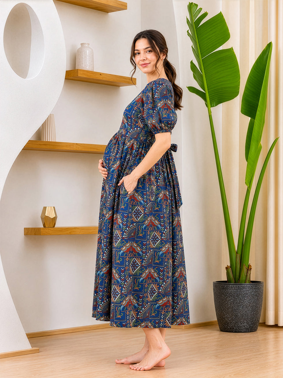 Elegant Ethnic Printed Maternity & Feeding Midi Dress