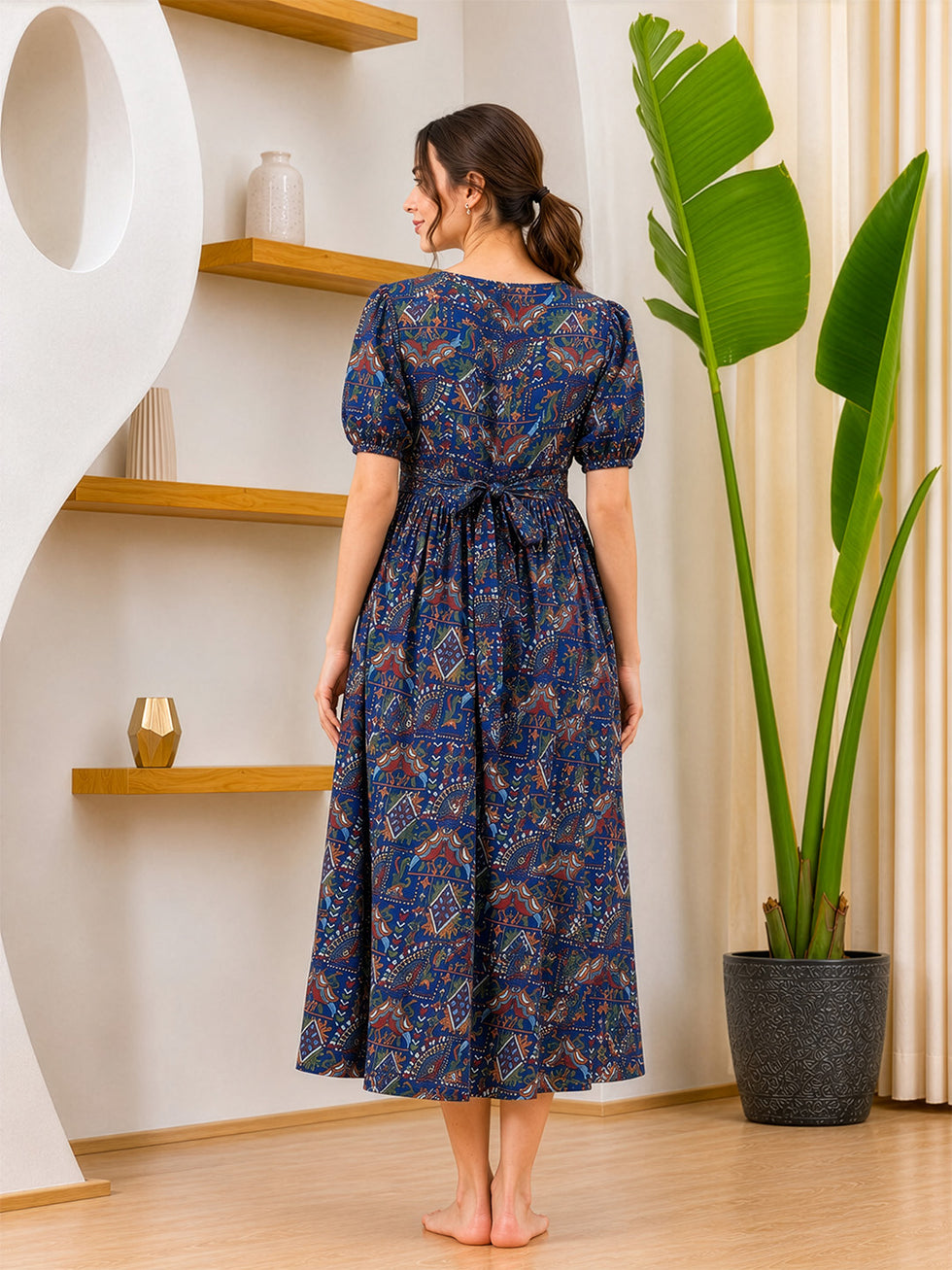 Elegant Ethnic Printed Maternity & Feeding Midi Dress