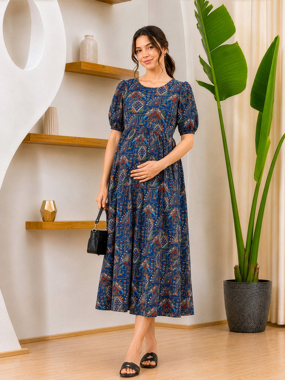 Elegant Ethnic Printed Maternity & Feeding Midi Dress