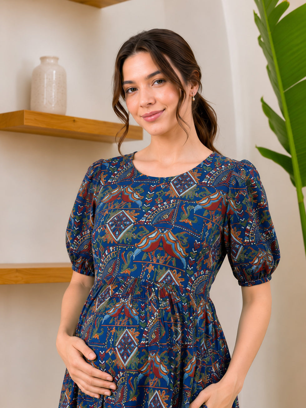 Elegant Ethnic Printed Maternity & Feeding Midi Dress