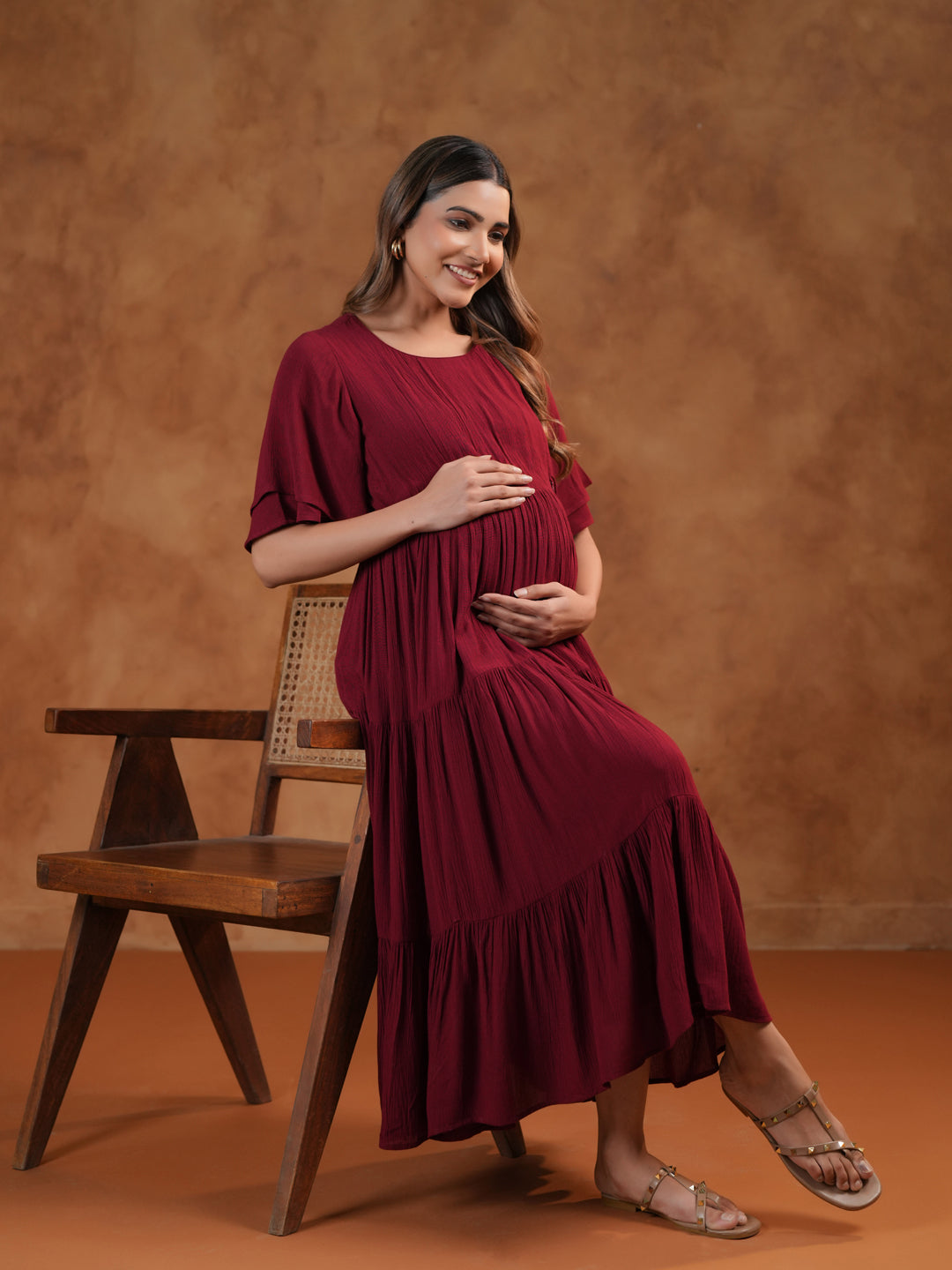 Maroon Tiered Maternity & Feeding Midi Dress