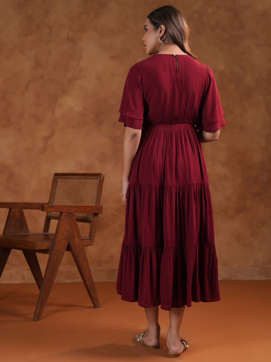 Maroon Tiered Maternity & Feeding Midi Dress