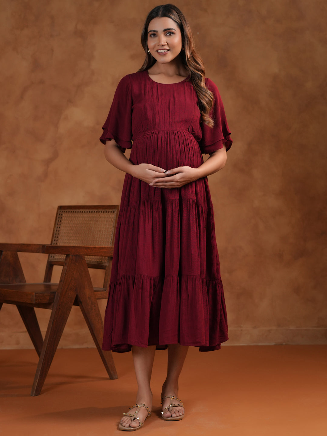 Maroon Tiered Maternity & Feeding Midi Dress