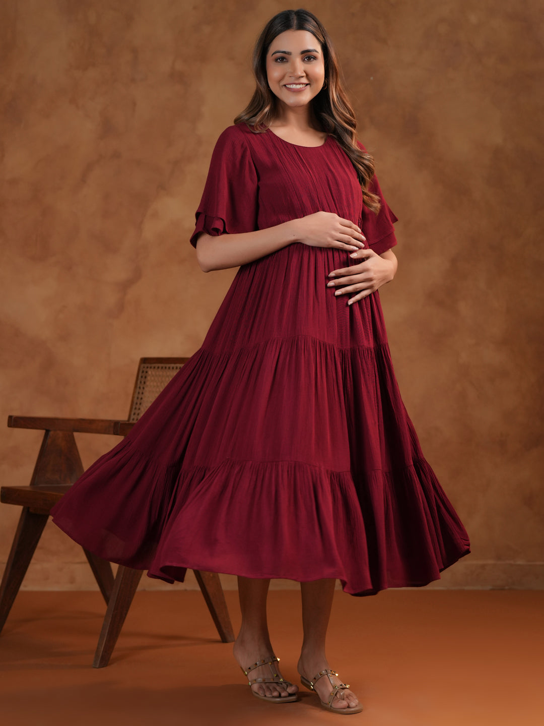 Maroon Tiered Maternity & Feeding Midi Dress