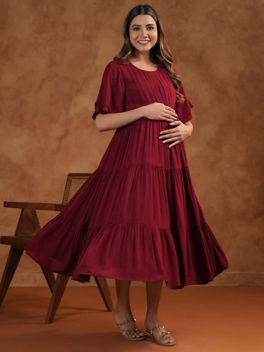 Maroon Tiered Maternity & Feeding Midi Dress