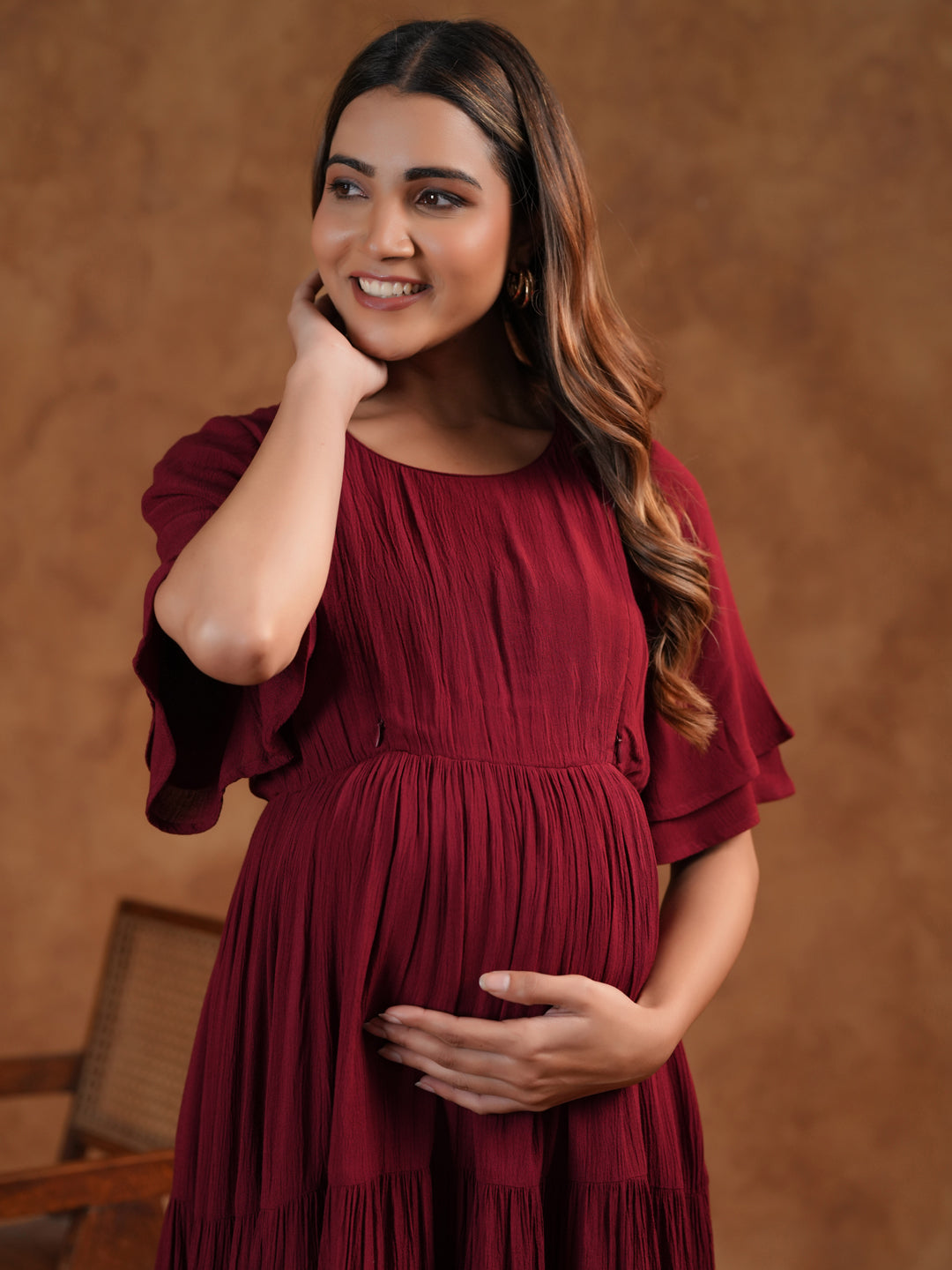 Maroon Tiered Maternity & Feeding Midi Dress