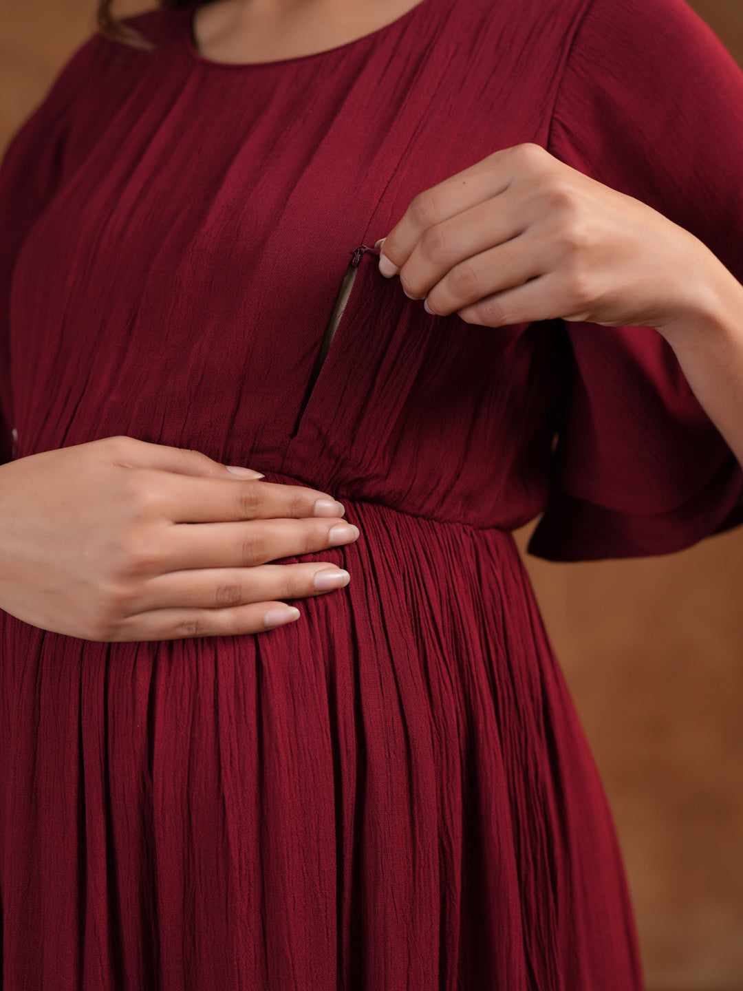 Maroon Tiered Maternity & Feeding Midi Dress