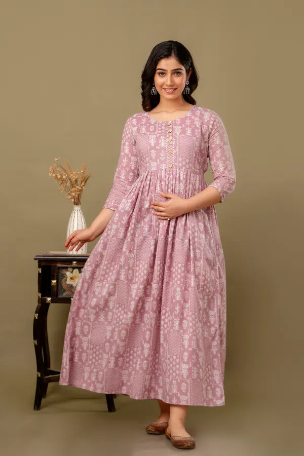 Elegant Floral Printed Maternity & Feeding Long Maxi Dress with Back Tie-Up