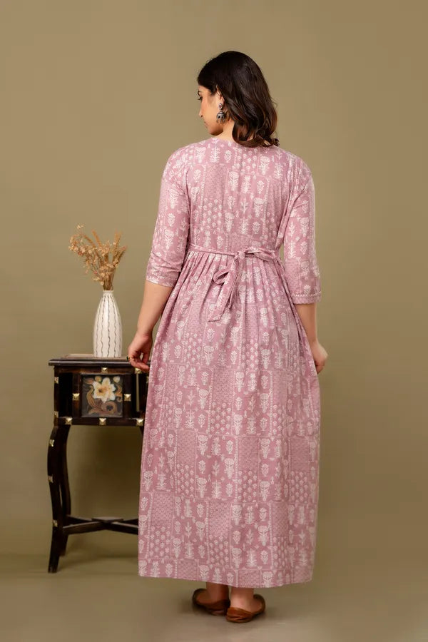 Elegant Floral Printed Maternity & Feeding Long Maxi Dress with Back Tie-Up