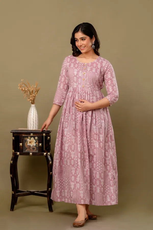 Elegant Floral Printed Maternity & Feeding Long Maxi Dress with Back Tie-Up