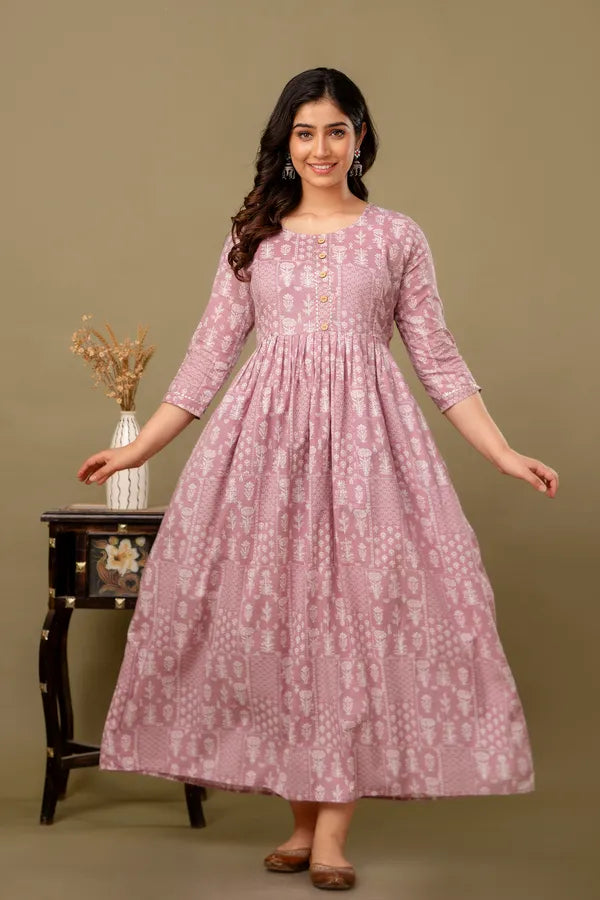 Elegant Floral Printed Maternity & Feeding Long Maxi Dress with Back Tie-Up