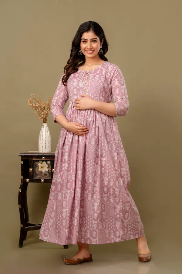 Elegant Floral Printed Maternity & Feeding Long Maxi Dress with Back Tie-Up