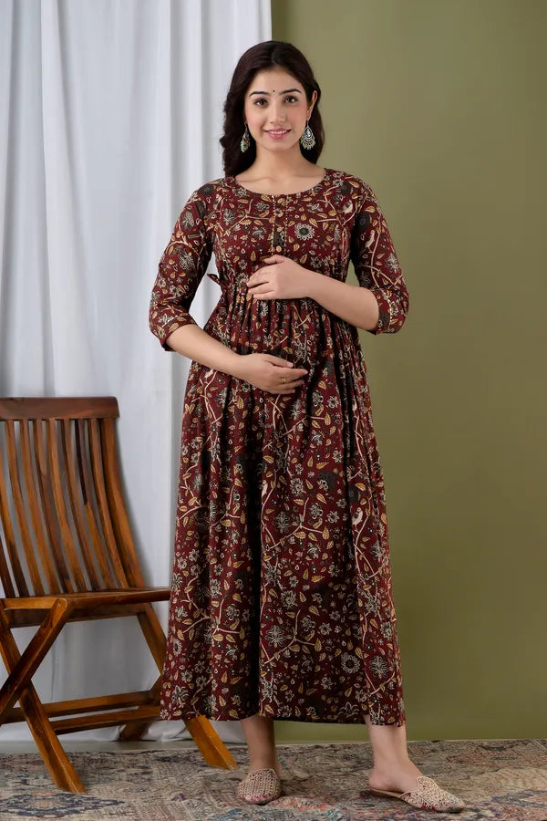 Maroon Floral Cotton Anarkali Maternity Feeding Dress