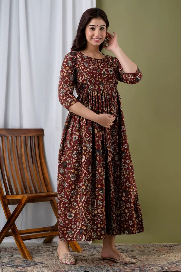Maroon Floral Cotton Anarkali Maternity Feeding Dress