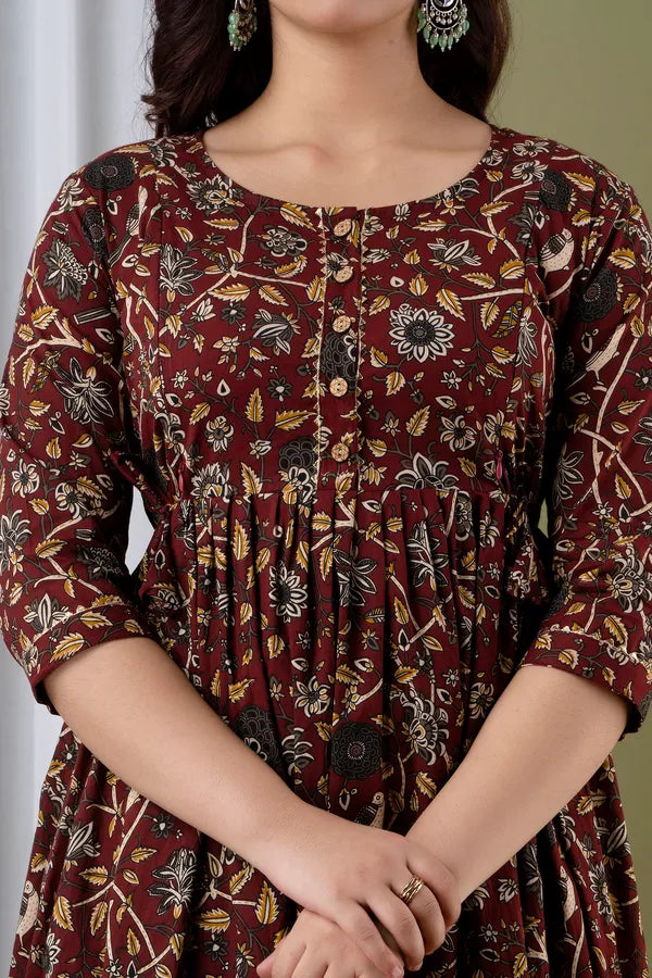 Maroon Floral Cotton Anarkali Maternity Feeding Dress