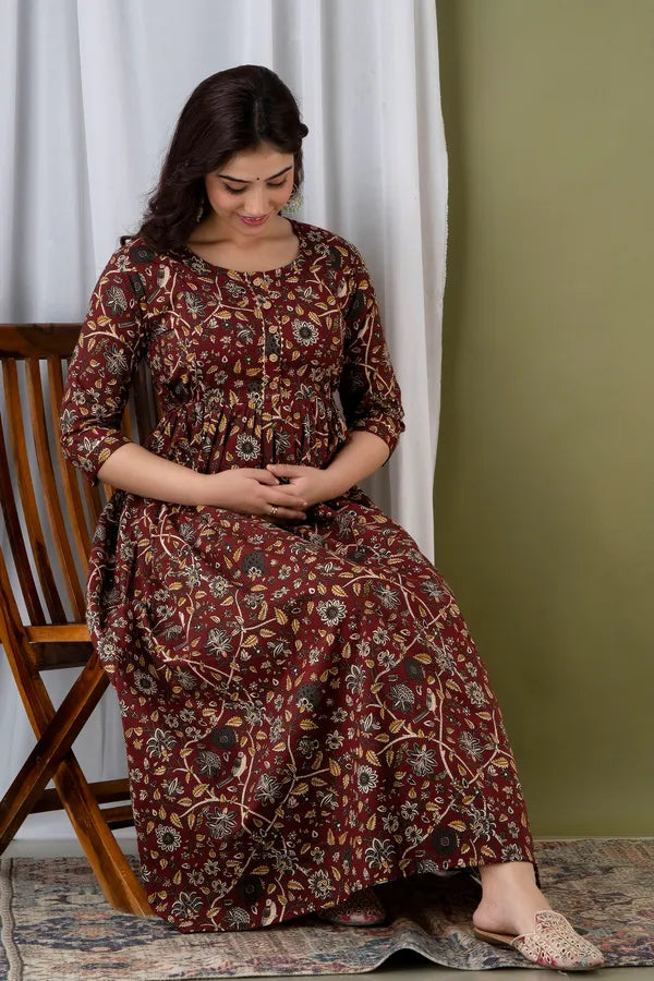 Maroon Floral Cotton Anarkali Maternity Feeding Dress