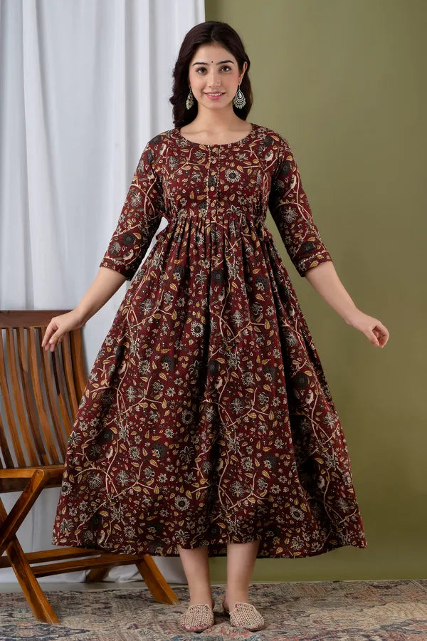 Maroon Floral Cotton Anarkali Maternity Feeding Dress