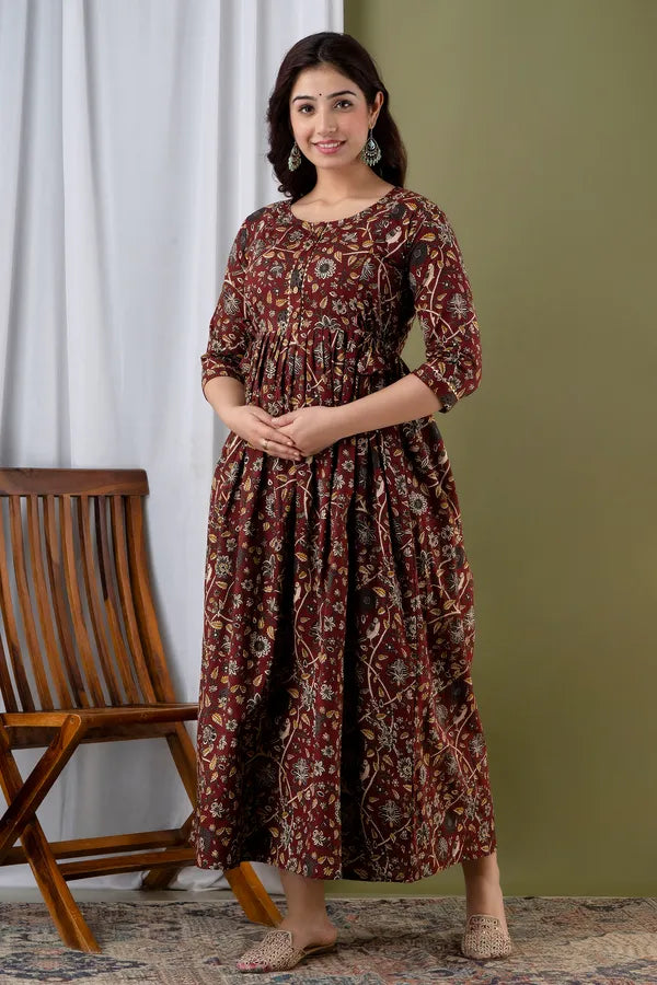 Maroon Floral Cotton Anarkali Maternity Feeding Dress