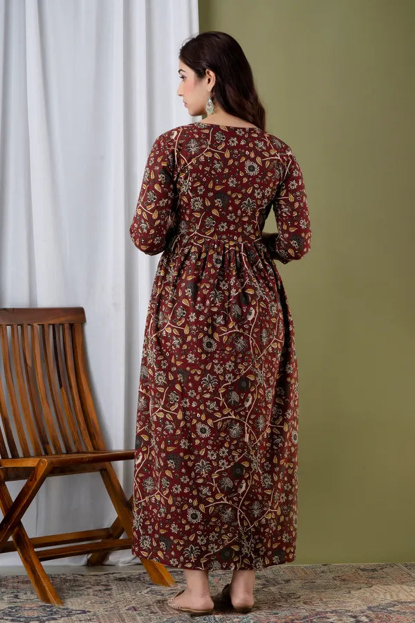 Maroon Floral Cotton Anarkali Maternity Feeding Dress