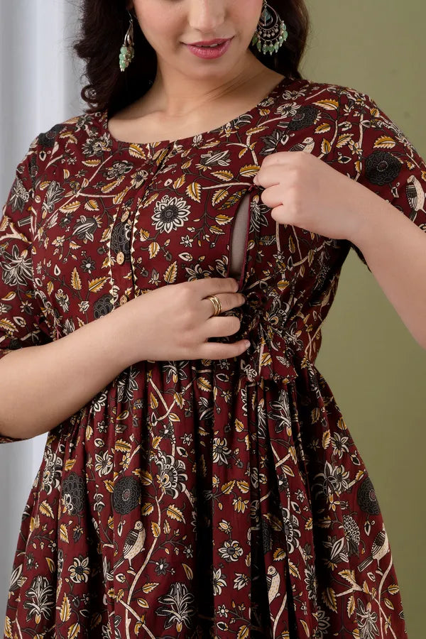 Maroon Floral Cotton Anarkali Maternity Feeding Dress