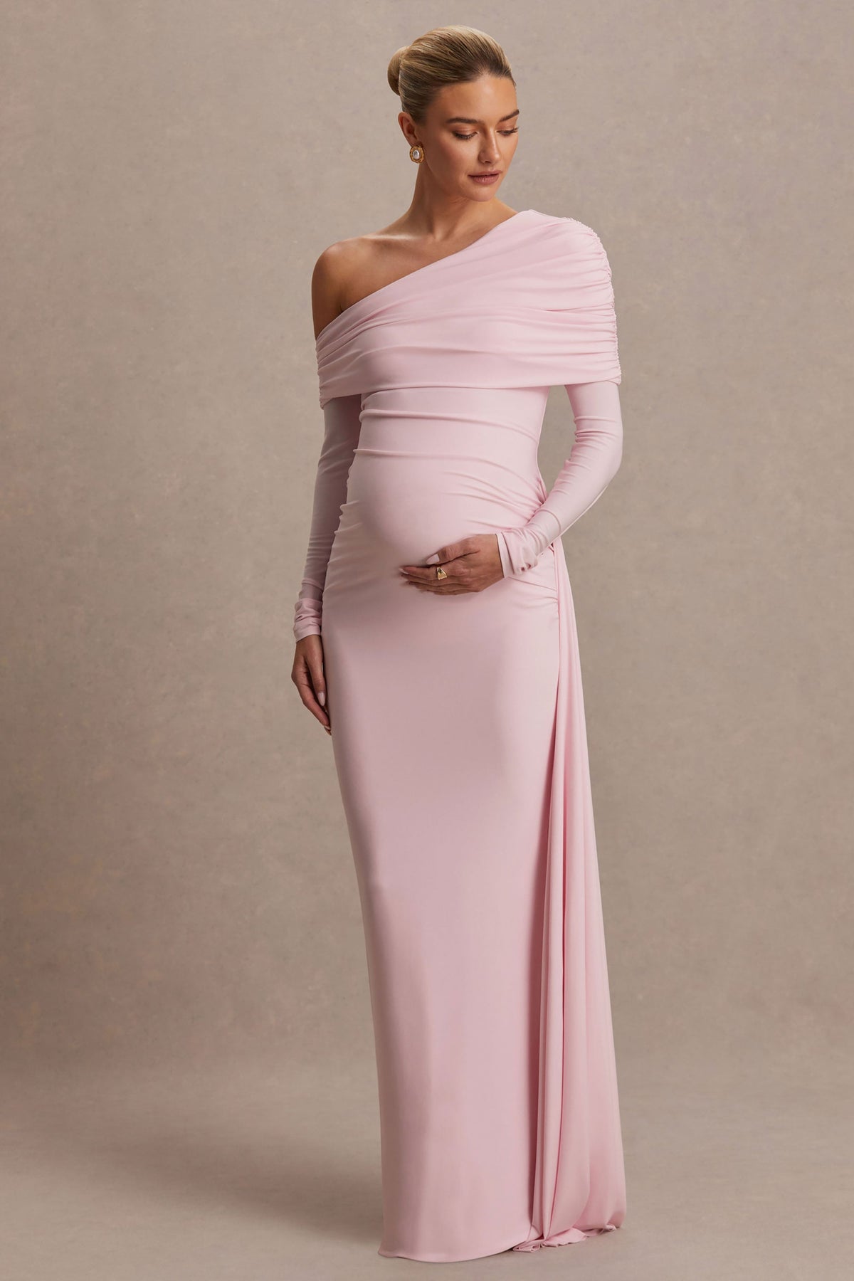 Amara Blush Pink Asymmetric-Neck Maternity Maxi Dress With Sash Detail