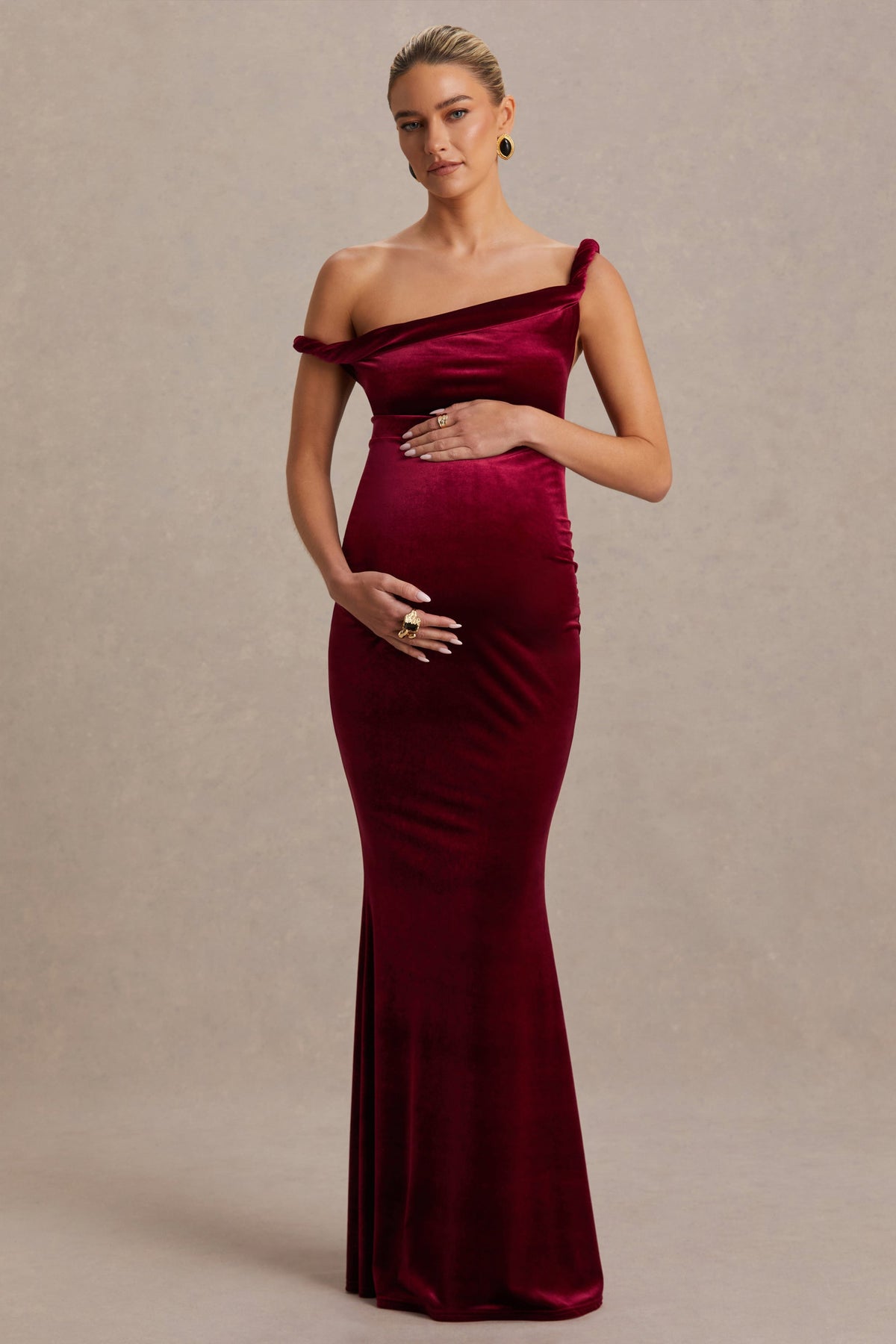 Tallulah Burgundy Velvet Asymmetric-Neck Maternity Maxi Dress With Twist-Sleeve