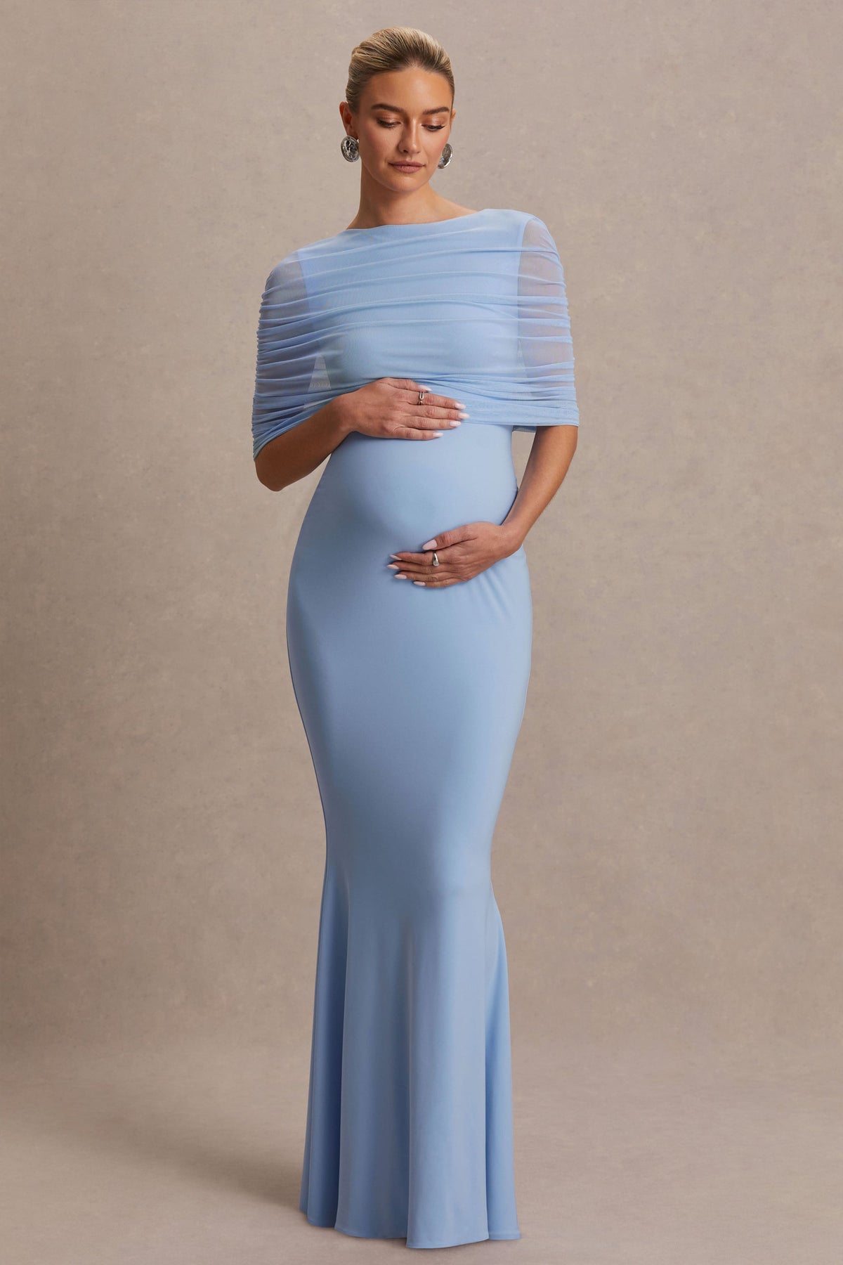 Zaria Powder Blue Crew-Neck Maternity Maxi Dress With Cape-Overlay
