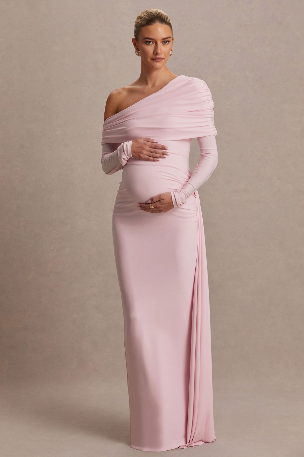 Amara Blush Pink Asymmetric-Neck Maternity Maxi Dress With Sash Detail