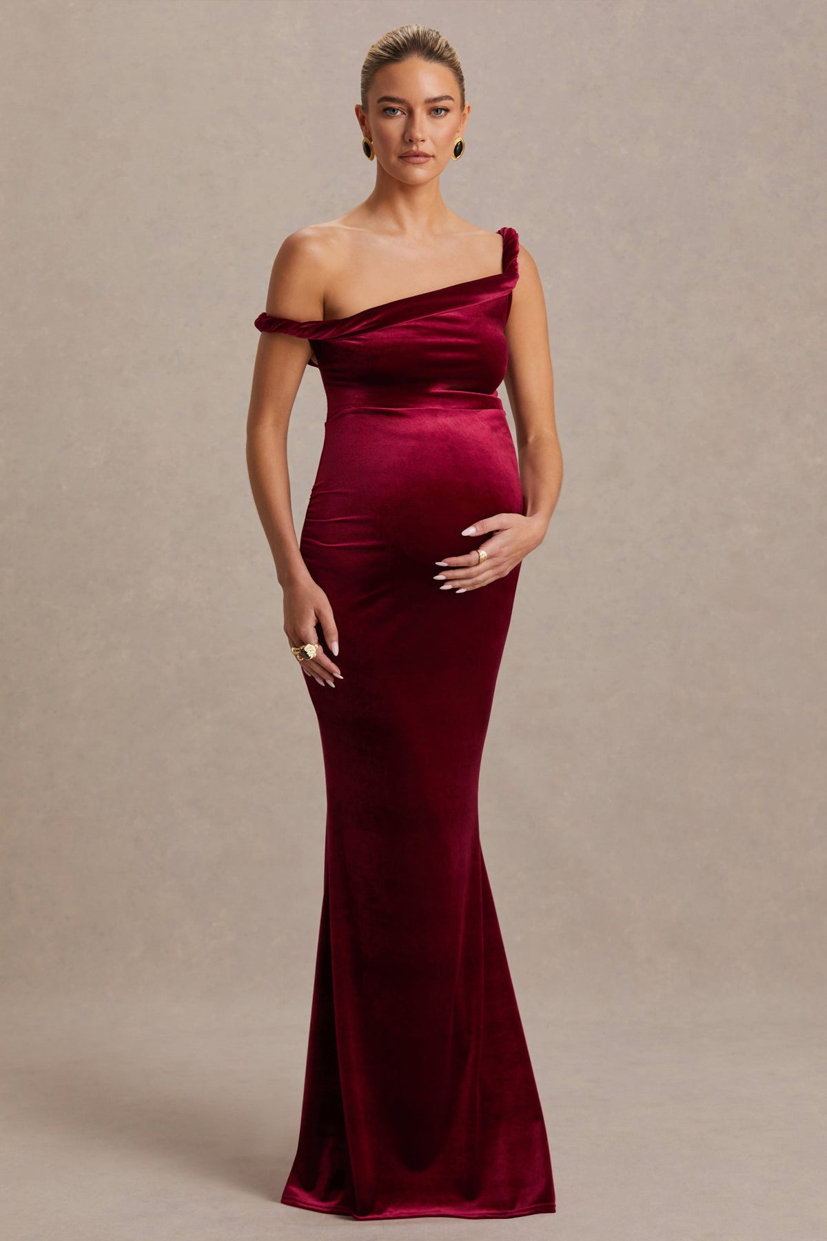 Tallulah Burgundy Velvet Asymmetric-Neck Maternity Maxi Dress With Twist-Sleeve