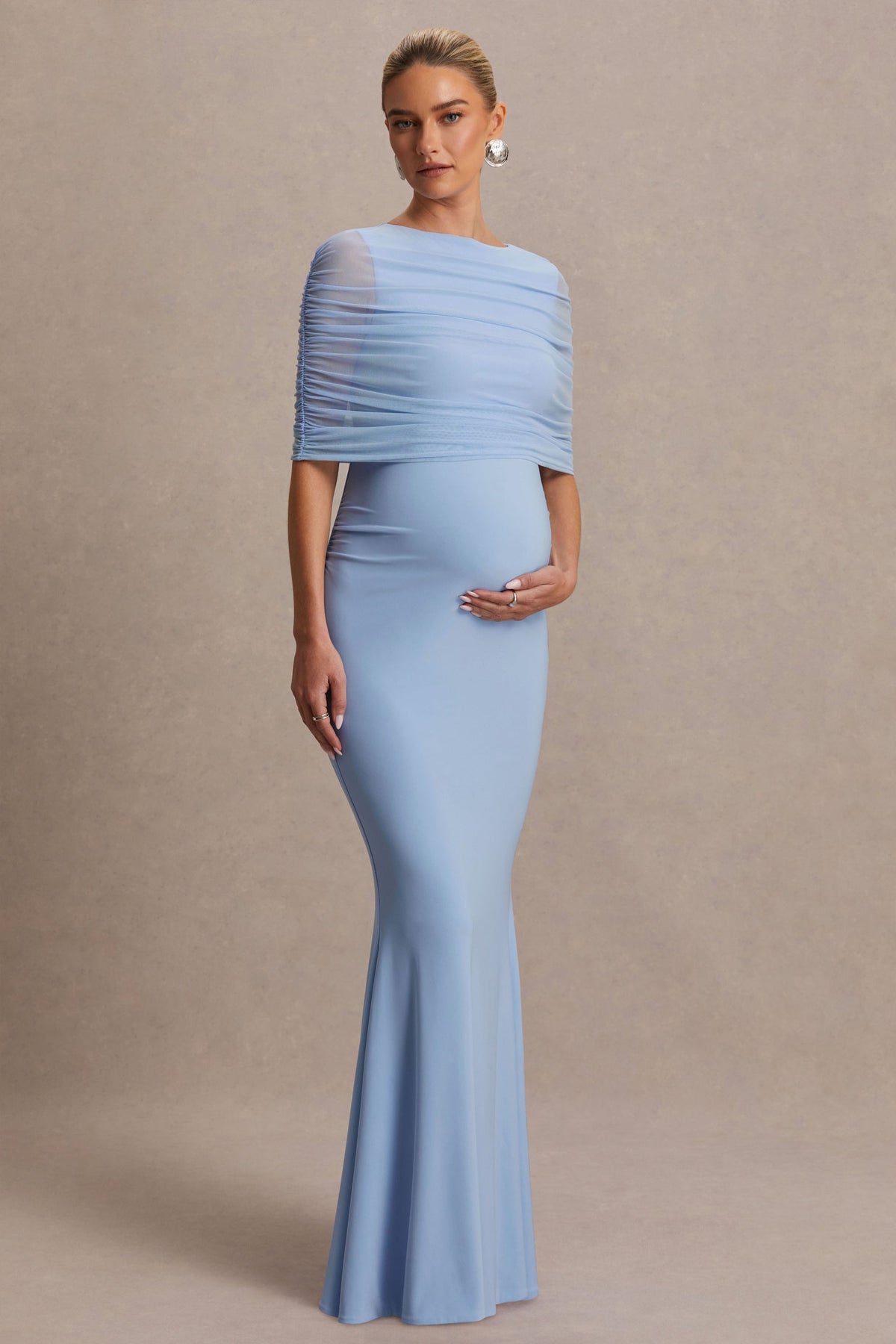 Zaria Powder Blue Crew-Neck Maternity Maxi Dress With Cape-Overlay
