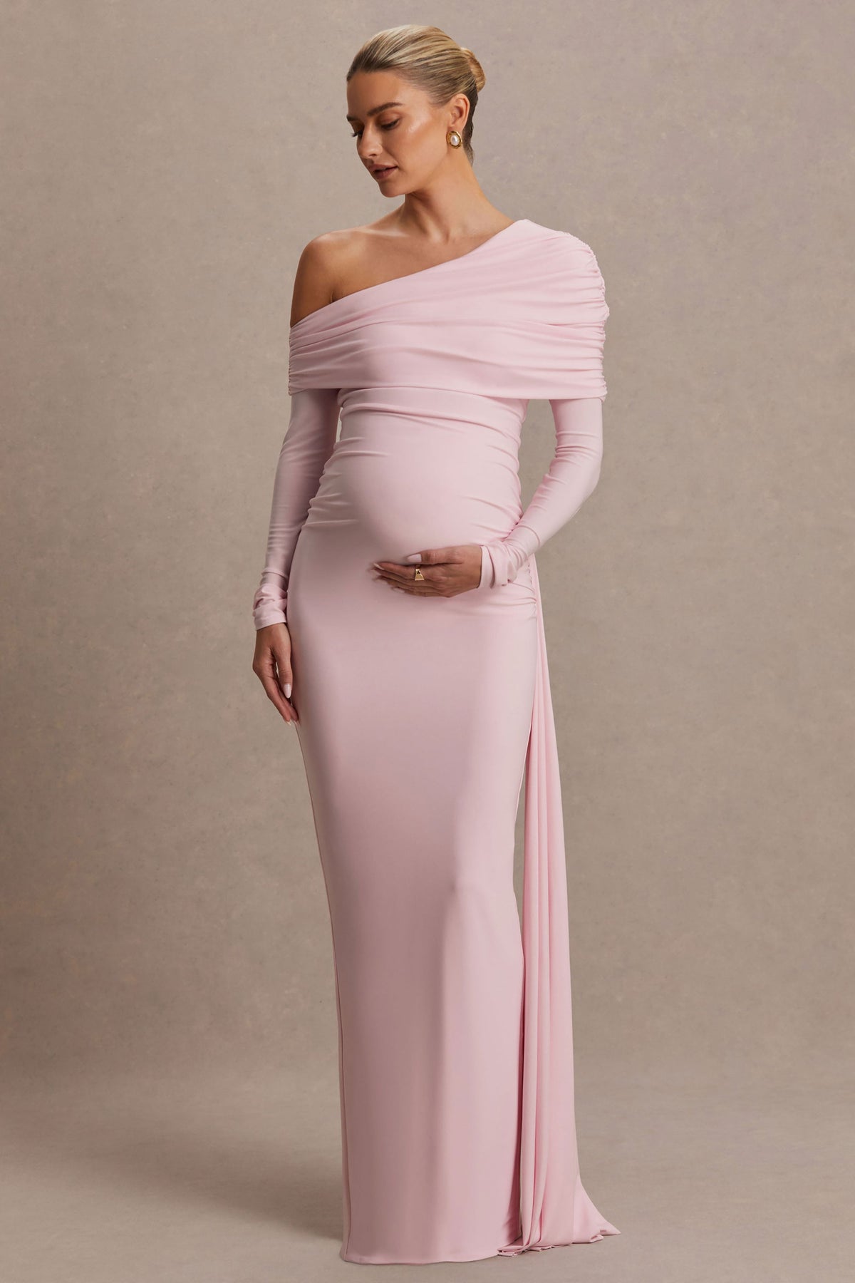 Amara Blush Pink Asymmetric-Neck Maternity Maxi Dress With Sash Detail
