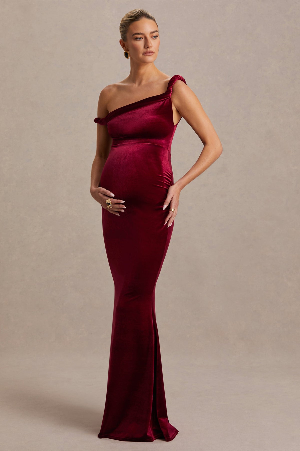 Tallulah Burgundy Velvet Asymmetric-Neck Maternity Maxi Dress With Twist-Sleeve