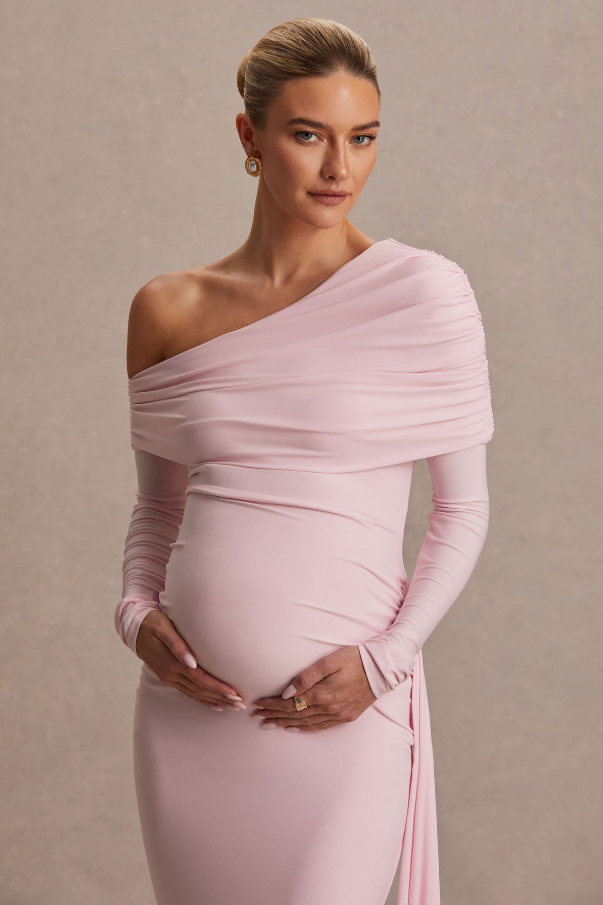 Amara Blush Pink Asymmetric-Neck Maternity Maxi Dress With Sash Detail