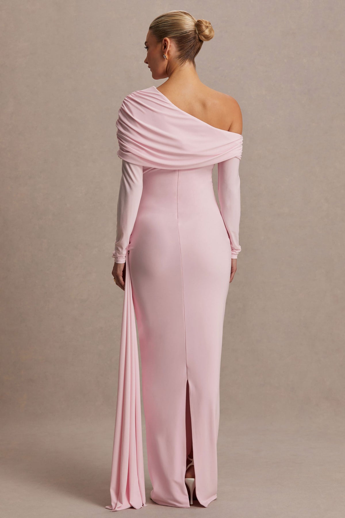 Amara Blush Pink Asymmetric-Neck Maternity Maxi Dress With Sash Detail