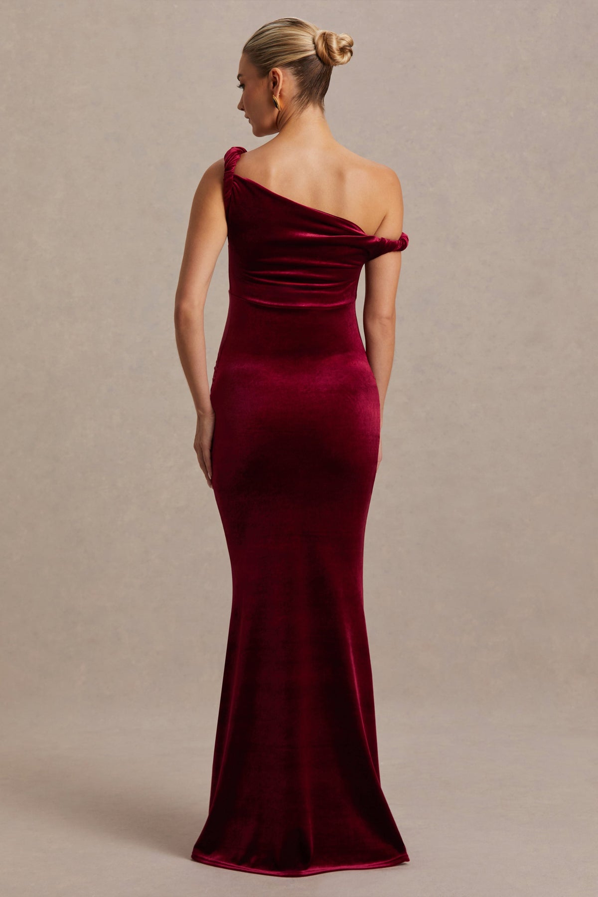 Tallulah Burgundy Velvet Asymmetric-Neck Maternity Maxi Dress With Twist-Sleeve